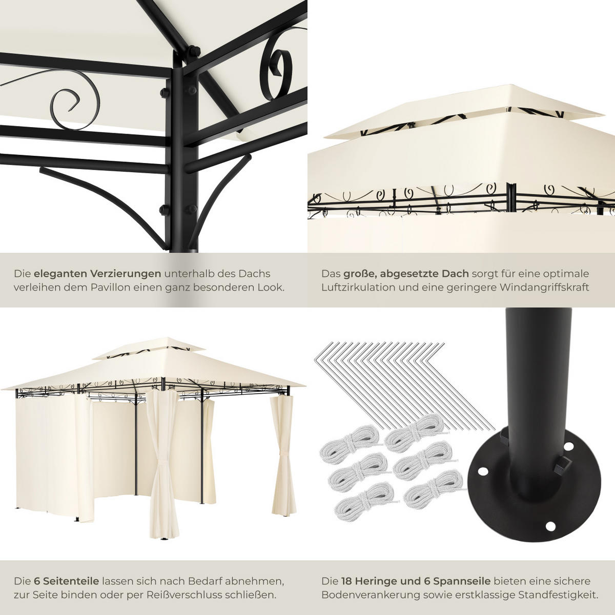 GARTENPAVILLON Emine,inklusive Spannseilen und Heringen,creme - Creme, Kunststoff (300/265/400cm) - tectake