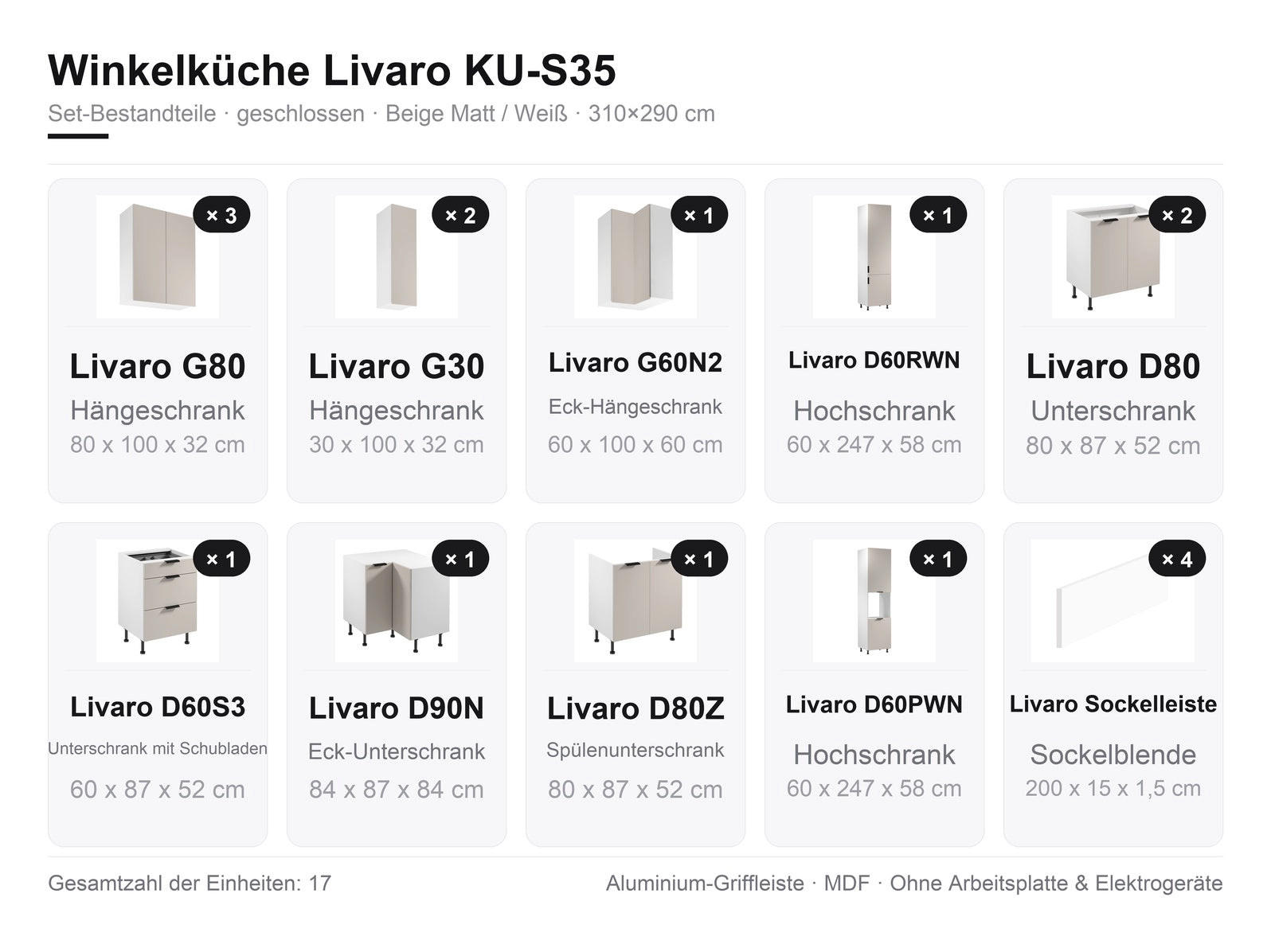WINKELKÜCHE - 310 x 290 cm Livaro – KU-S35 – Beige Matt / Weiß - Beige/Schwarz, Holzwerkstoff/Metall (310/247/290cm) - hi-markt