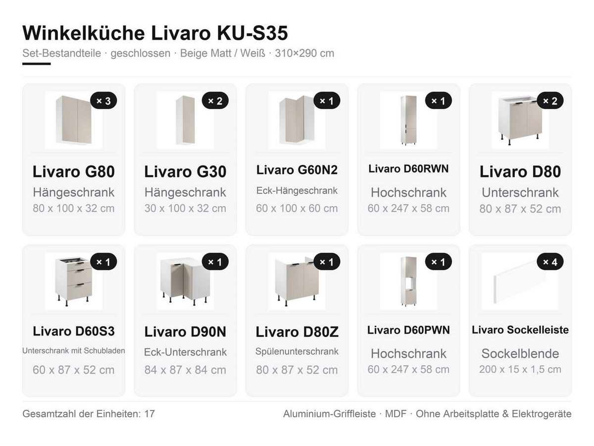 WINKELKÜCHE - 310 x 290 cm Livaro – KU-S35 – Beige Matt / Weiß - Beige/Schwarz, Holzwerkstoff/Metall (310/247/290cm) - hi-markt
