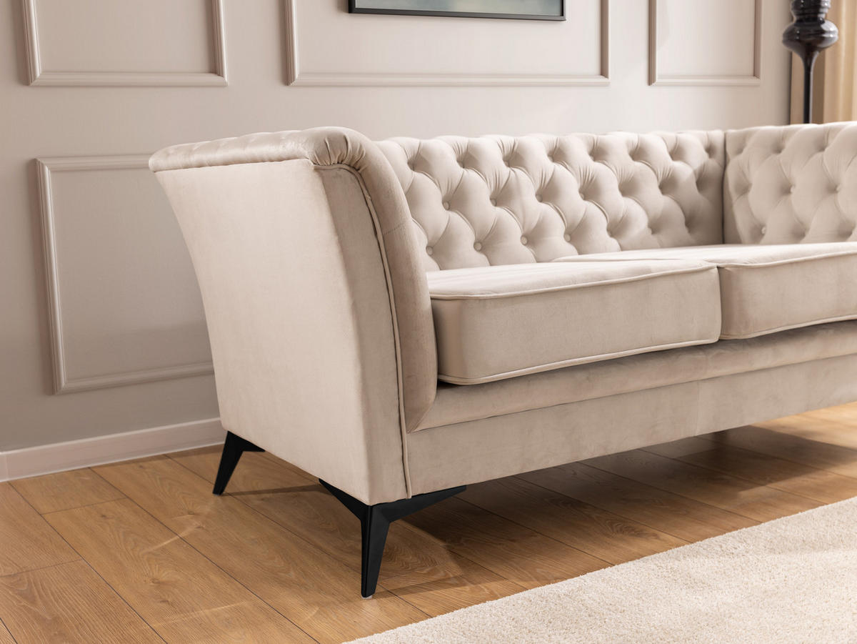 CHESTERFIELD-SOFA 3-sitzer Whitby Beige Samt mit schwarzen Füßen - Beige/Schwarz, Holz/Textil (237/78/82cm) - S-Style Möbel