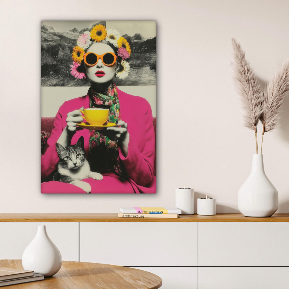 LEINWANDBILD Frau - Katze - Blumen - Tasse - Retro Wanddeko 40x60 cm - Magenta, Textil (40/60cm) - MuchoWow