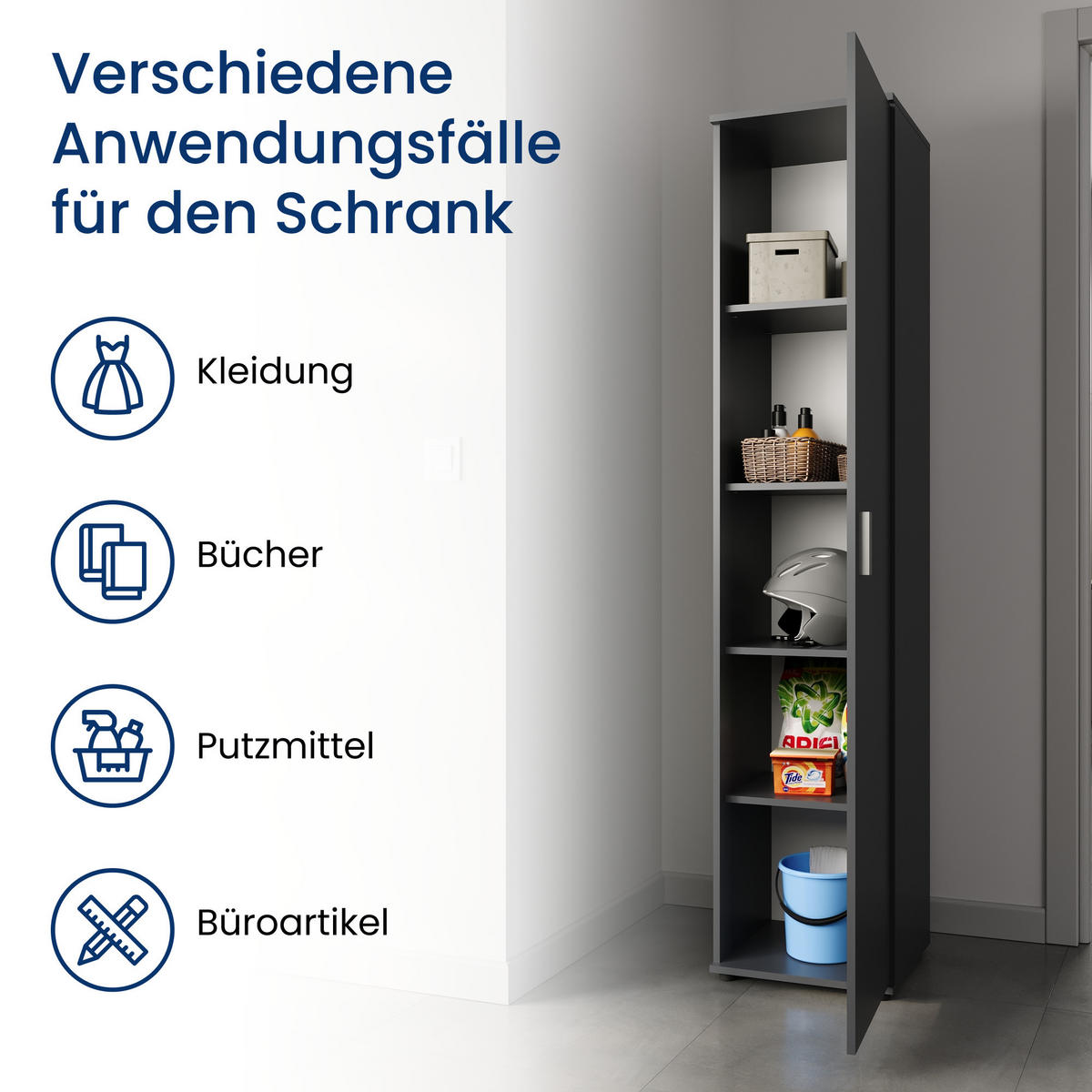 MEHRZWECKSCHRANK mit 1 Tür & 4 Einlegeböden in Anthrazit - Anthrazit, Holzwerkstoff (40/184/35cm) - Home Collective