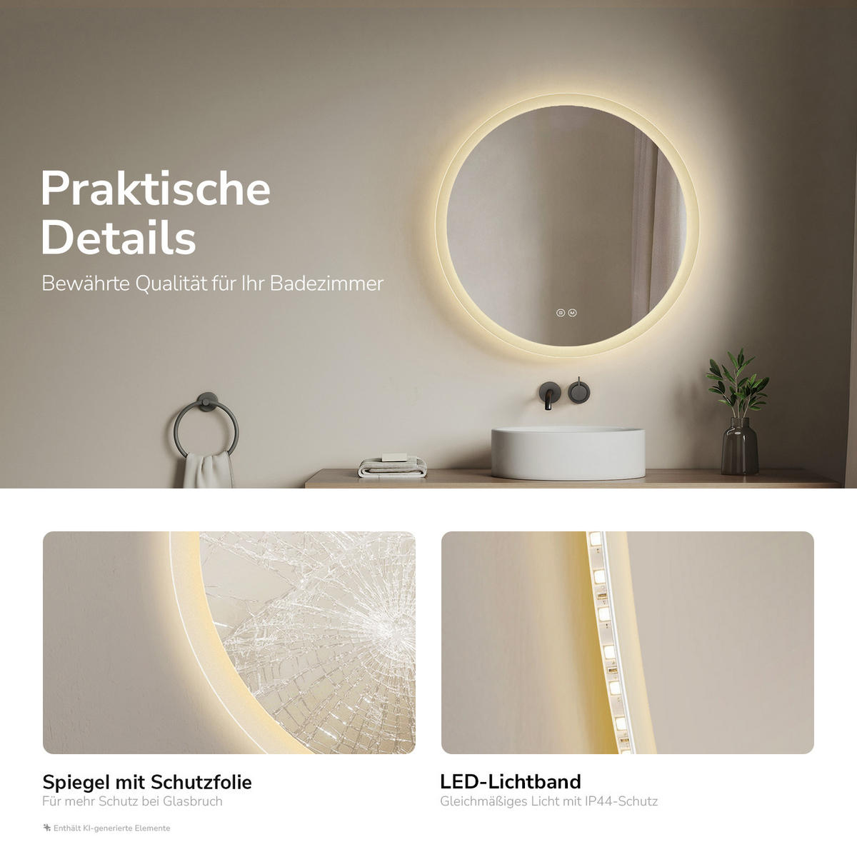 BADSPIEGEL Rund mit LED-Beleuchtung Ø 60 cm, 3 Lichtfarben, beschlagfrei - Transparent, Glas (60/60/3.5cm) - EMKE