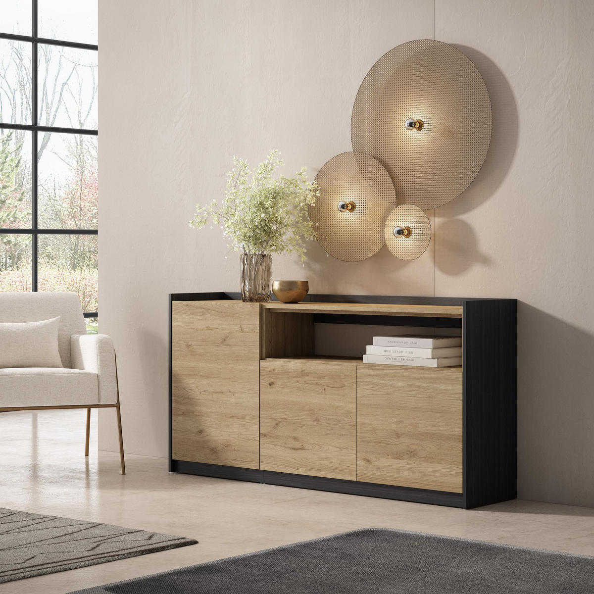 SIDEBOARD, Highboard, Eiche Schwarz, 156/37/80cm - Eichefarben, Holzwerkstoff (156/80/37cm) - Skraut Home