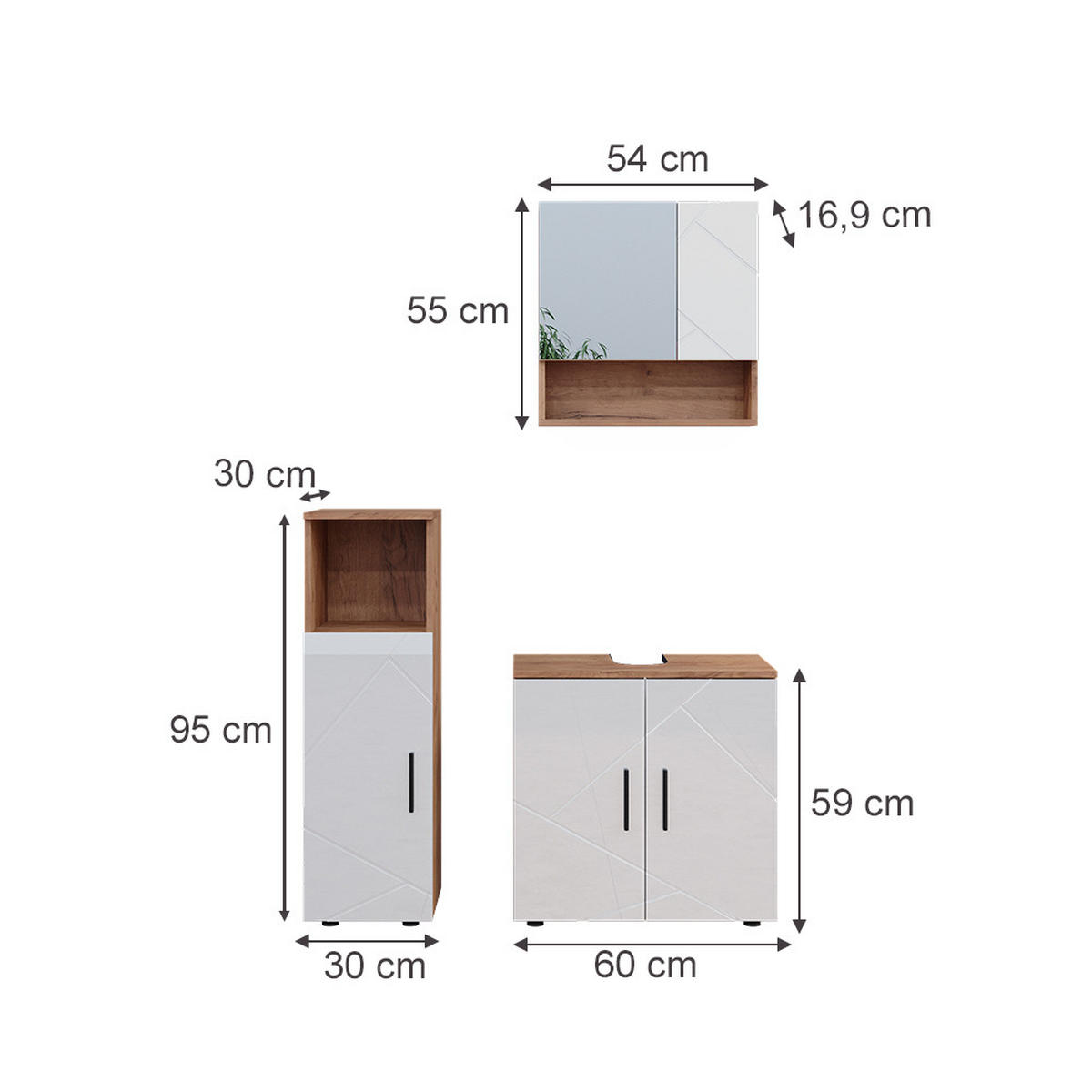 BADMÖBEL-SET Irma Weiß Hochglanz/Goldkraft Eiche 3 Teile - Weiß Hochglanz/Eiche Wotan, Holzwerkstoff (80/58.6/41cm) - Vicco