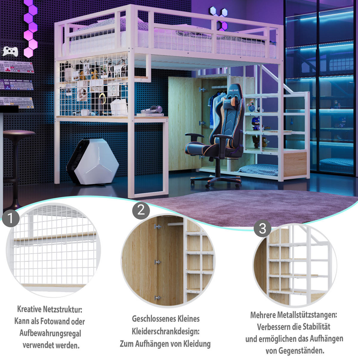 HOCHBETT 140/200 cm in Weiß mit Stauraumtreppe, Kleiderschrank, Tisch und LED - Weiß, Holz/Metall (140/200cm) - STILVORA