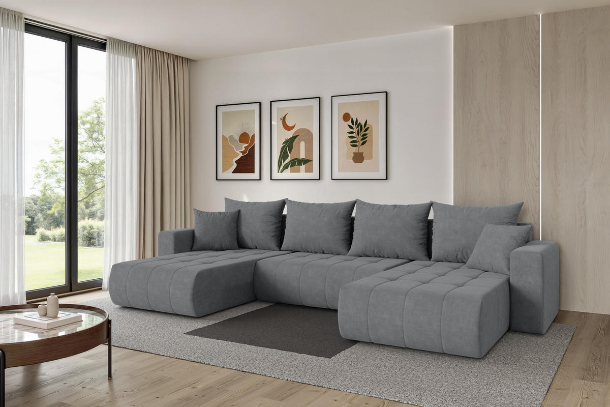 SEDACÍ SOUPRAVA DO U s funkcí spaní a úložným prostorem MILA-U 378x194x86 šedá velur - černá/šedohnědá, kompozitní dřevo/textil (378/86/194cm) - ALTDECOR