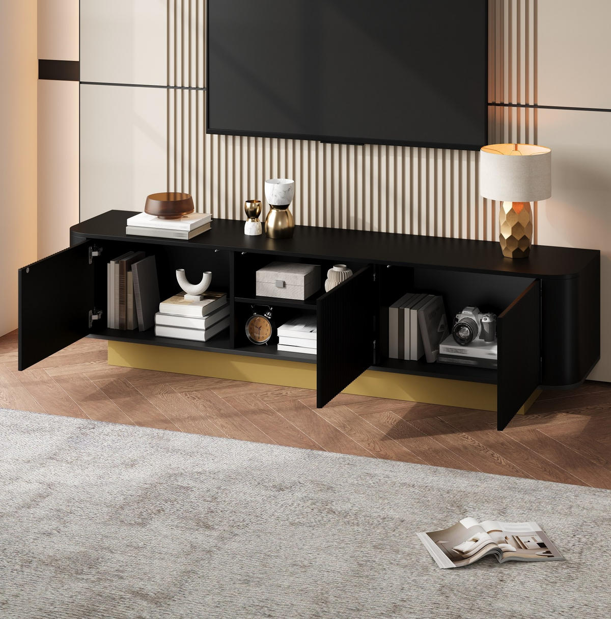 TV-LOWBOARD aus MDF und Spanplatte 170x40,5x47 cm Schwarz mit Kabelmanagement und 3 Türen - Schwarz, Holzwerkstoff (170/47/40.5cm) - Modfu