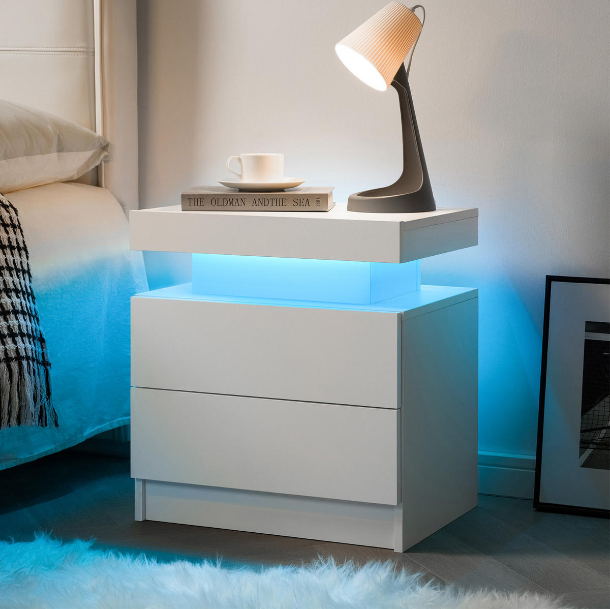 NACHTKOMMODE 50/53/36 cm weiß aus Holzwerkstoff mit LED-Beleuchtung und 2 Schubladen - Weiß, Holzwerkstoff (53/36/50cm) - OKWISH
