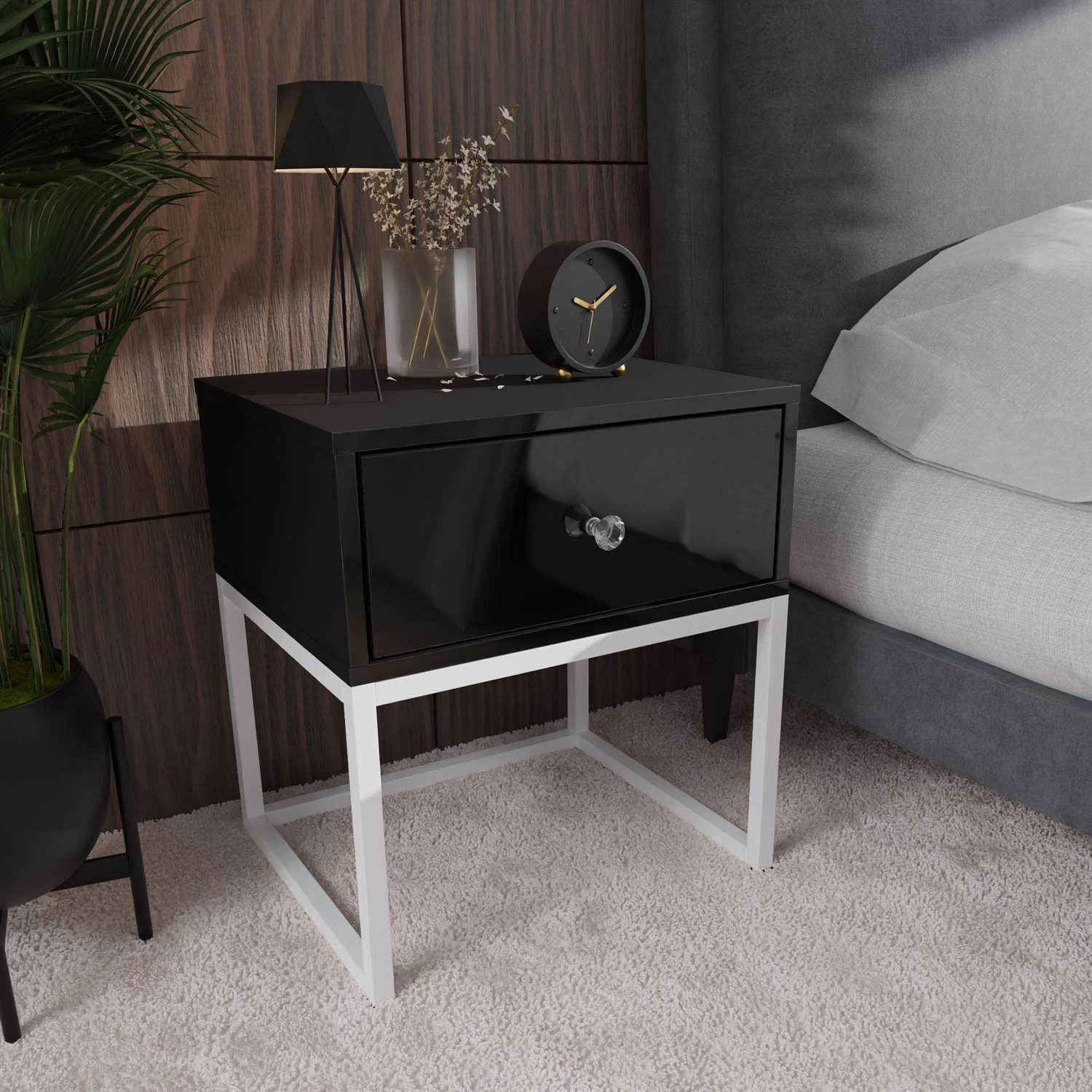 NACHTTISCH BLANCO LOFT Schwarz Hochglanz auf weißem Gestell Kristallgriff - Schwarz Hochglanz, Holzwerkstoff (45/53/37cm) - Lookway