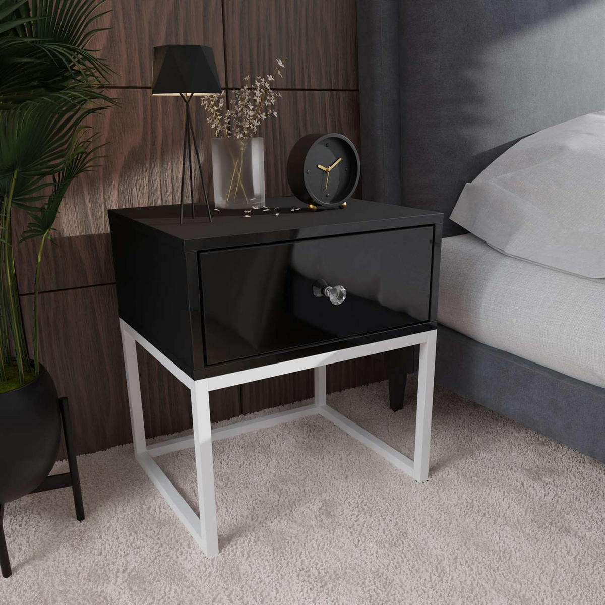 NACHTTISCH BLANCO LOFT Schwarz Hochglanz auf weißem Gestell Kristallgriff - Schwarz Hochglanz, Holzwerkstoff (45/53/37cm) - Lookway