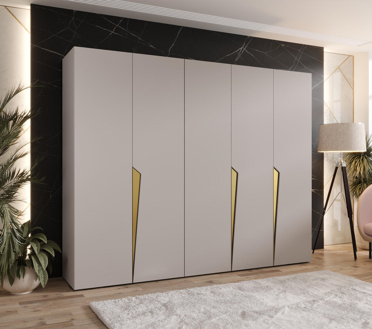 DREHTÜRENSCHRANK 202/250/52 5-türig - Beige/Goldfarben, Holz/Metall (250/202/52cm) - Abiks Möbel