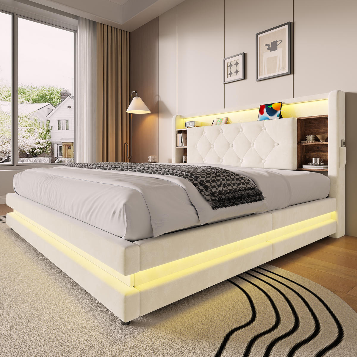 BOXBETT 180/200 mit LED/USB, Kopfteil-Regal & Hydraulik, Samt, Beige - Beige, Holz (180/200cm) - LVHOM