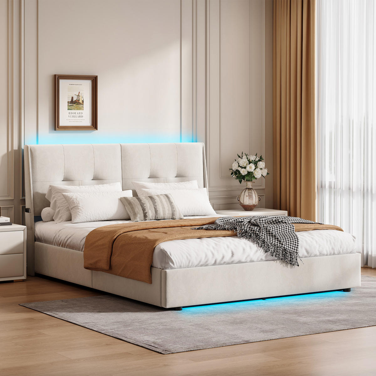 POLSTERBETT 140/200 cm LED Samt Beige Doppelbett Bettgestell gepolstert - Beige, Holz (140/200cm) - PARAFTA HOME