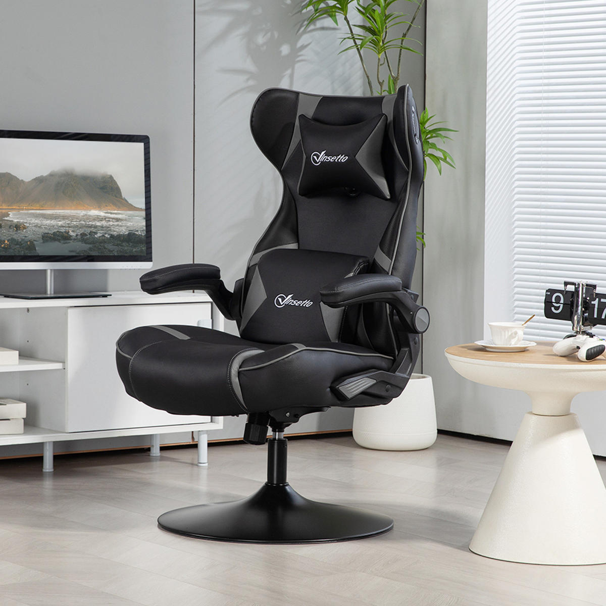 GAMING Stuhl mit runder Bodenplatte, drehbar & neigbar, ergonomischer Sessel, Schwarz-Grau - Grau, Leder (69/112/73cm) - BRILVERDE