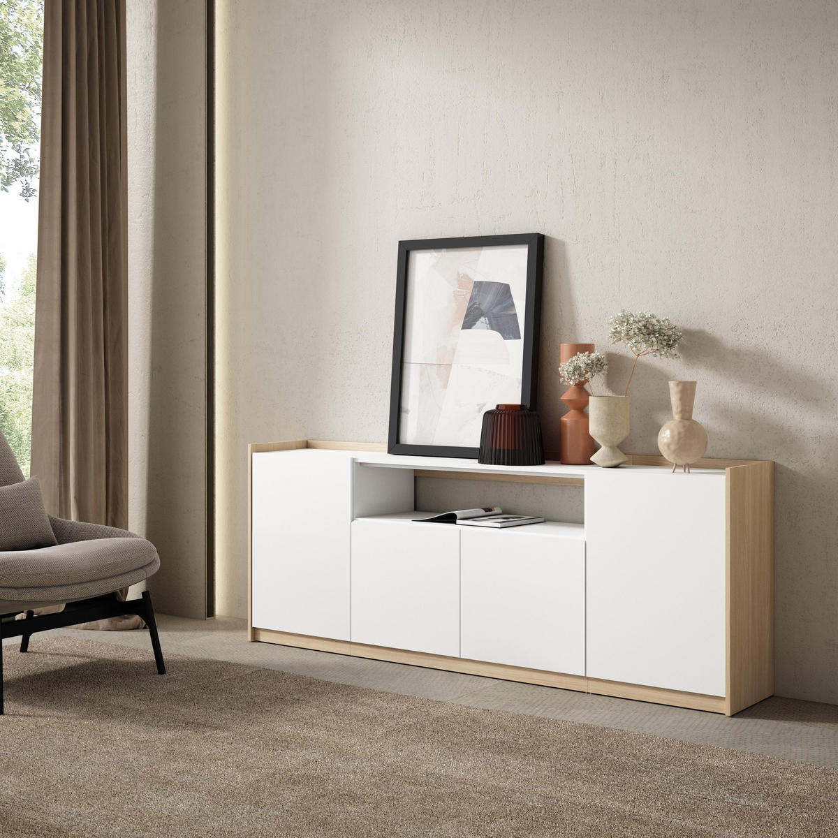 SIDEBOARD, Highboard, Weiß und Eiche Soft, 207/37/80cm - Weiß, Holzwerkstoff (207/80/37cm) - Skraut Home