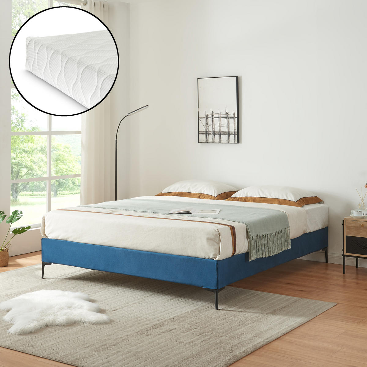 POLSTERBETT Lilla mit Matratze - Blau, Holzwerkstoff/Textil (140/200cm) - [en.casa]