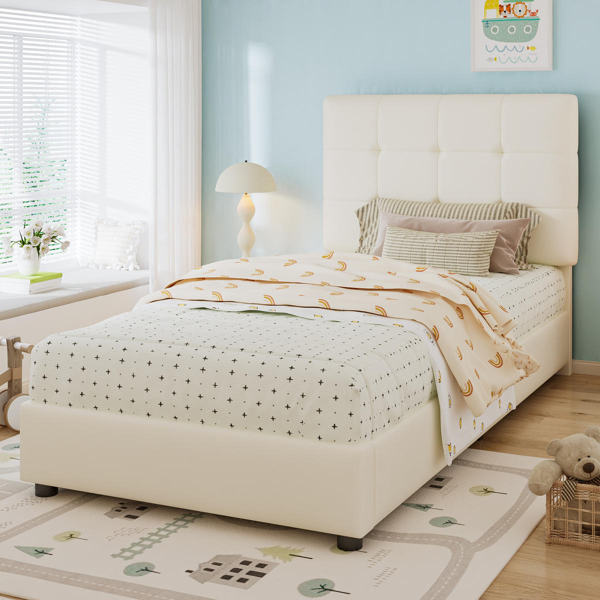 POLSTERBETT 90/200 cm Beige mit Keksförmigem Kopfteil aus PU und Eisen - Beige, Holzwerkstoff (90/200cm) - OKWISH