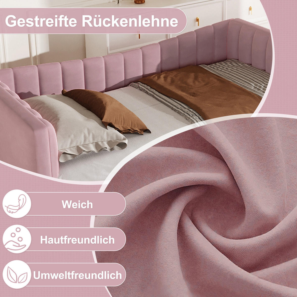 TAGESBETT 90/200 cm mit ausziehbarem Rollbett, Samtbezug und MDF-Gestell, Rosa - Rosa, Textil (180/200cm) - Redom