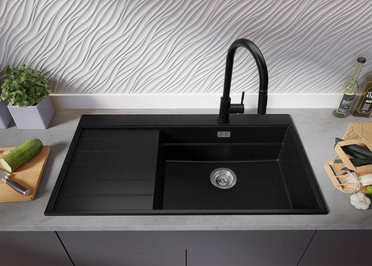 SPÜLBECKEN Sydney, 2-er set Schwarz 90/50 cm 1 Becken + Ablauf-Set + Küchenzubehörset ab 60er Unterschrank - Chromfarben/Beige, Kunststoff (90/20/50cm) - Primagran