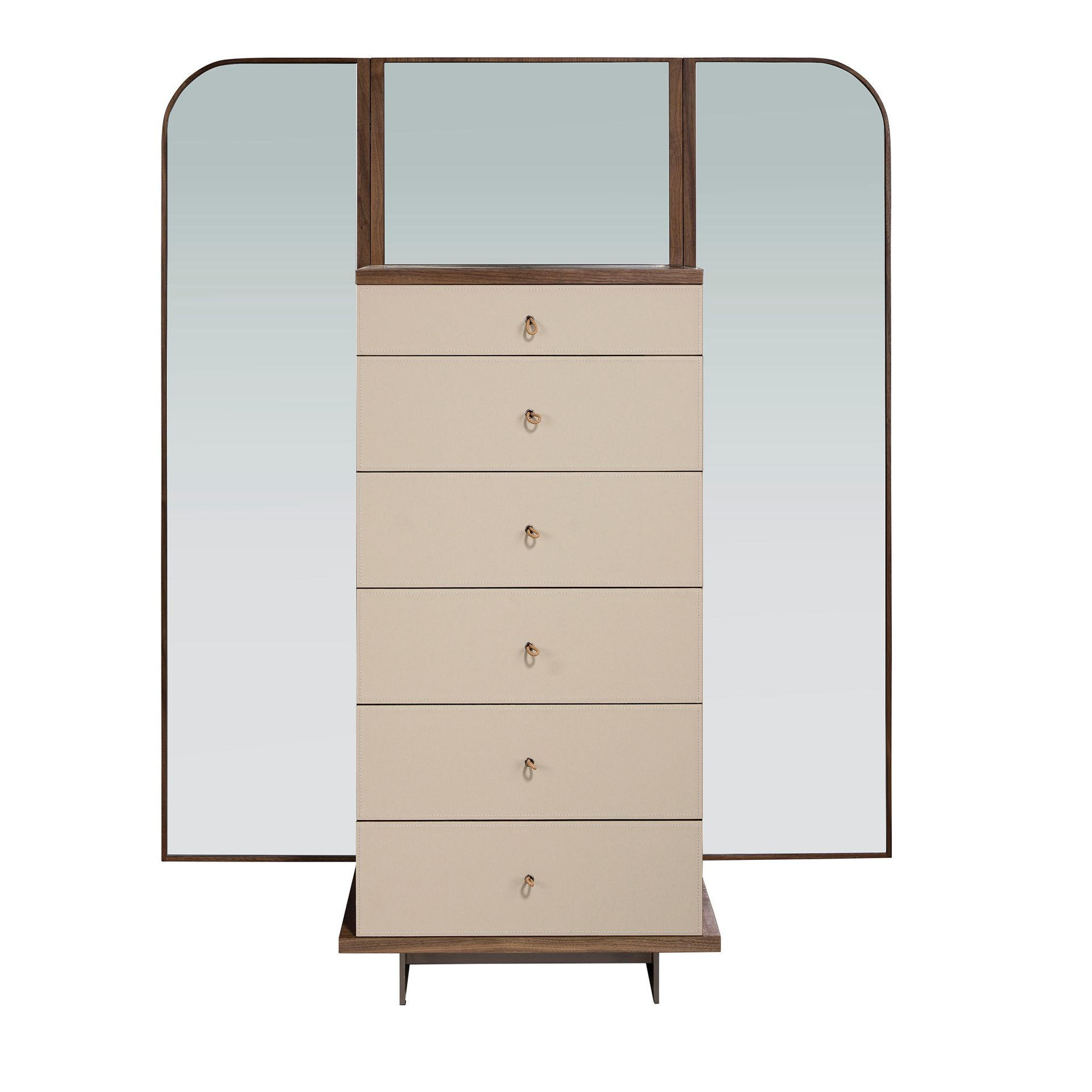HIGHBOARD Chifonier Leder, Nussbaum und polierter Stahl mit Spiegel 65/42/168 cm - Silberfarben/Walnussfarben, Leder/Holz (65/168/42cm) - ANGEL CERDA