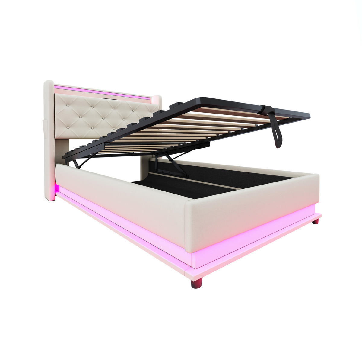 KINDEREINZELBETTEN aus Leinenstoff 90x200 cm in Beige mit LED & USB-Anschlüssen - Beige, Textil (90/200cm) - Modfu