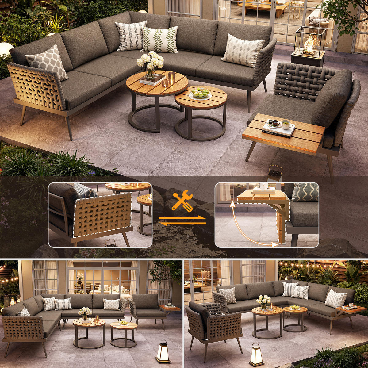 GARTENSET L-Form 6 Personen Grau Inkl. 2 Tische & Sessel Mit Polstern - Grau, Metall - FLIEKS