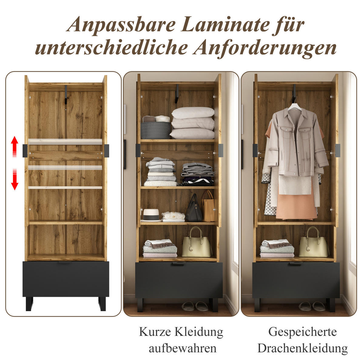 GARDEROBENSCHRANK 65/38/180 cm aus Spanplatte mit Kleiderstange und Schublade Natur/Schwarz - Naturfarben, Holzwerkstoff (38/65/180cm) - Modenvie