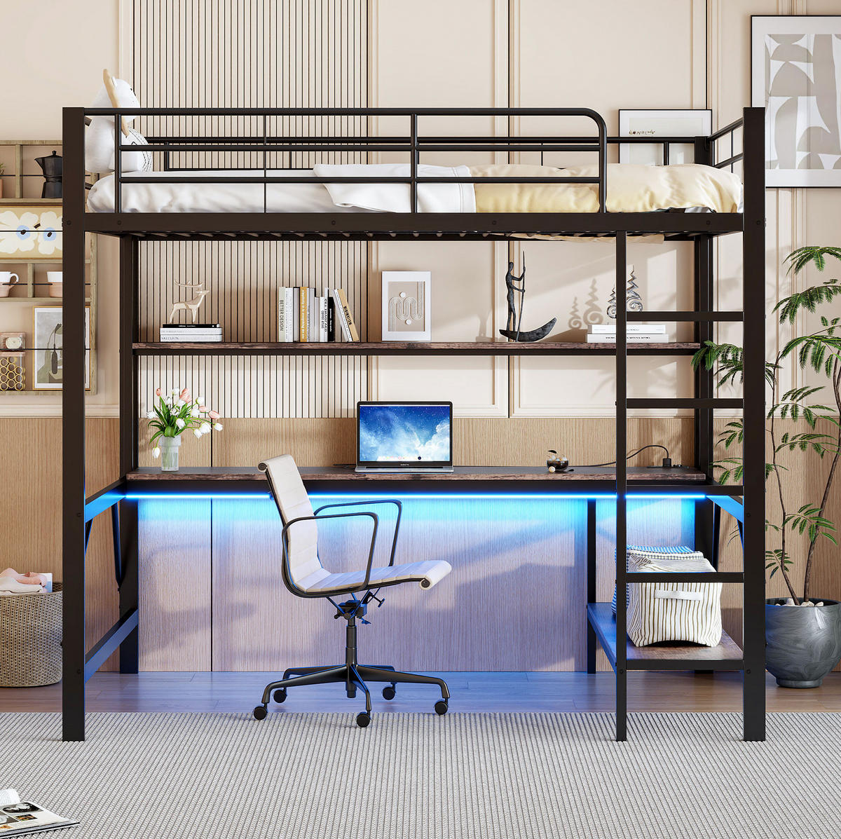 HOCHBETT aus Metall und MDF 140x200 cm Schwarz mit Schreibtisch, Regal, LED-Licht und USB-Anschluss - Schwarz, Metall (140/200cm) - IVMEU