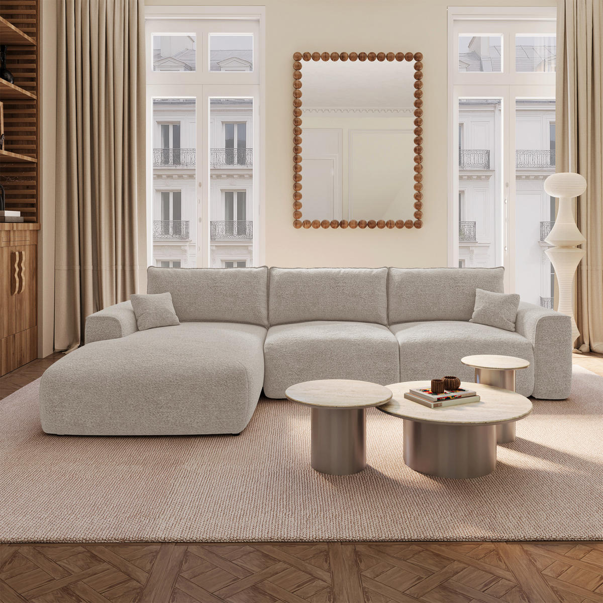 LINKSECK-SCHLAFSOFA mit Stauraum COMO Bouclé-Stoff Hellgrau 297cm - Hellgrau/Grau, Textil (297/167cm) - Premium Interiors
