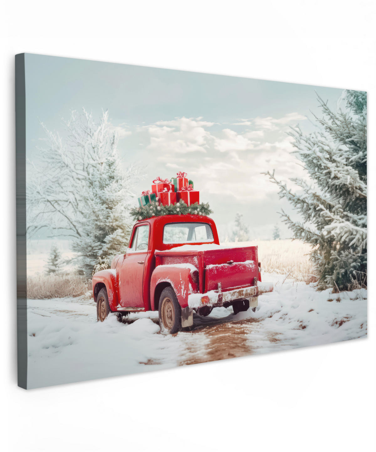 LEINWANDBILD Auto - Rot - Geschenke - Winter - Schnee - Weihnachten Deko Schlafzimmer 30x20 cm - Rot, Textil (30/20cm) - MuchoWow