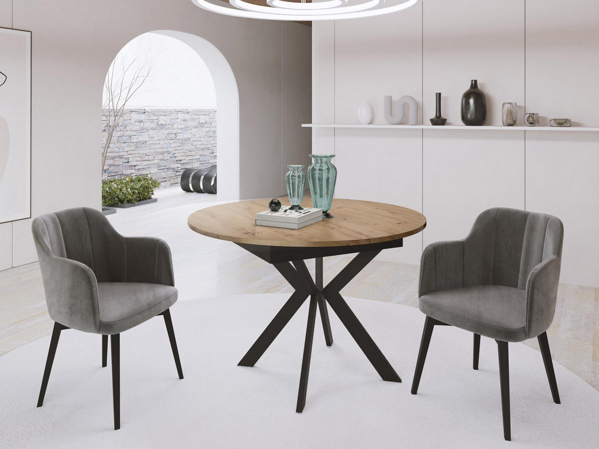 ESSTISCH Lily runder ausziehbarer, Artisan Eiche 100-140/100/76 cm - Schwarz/Eiche Artisan, Holzwerkstoff/Metall (100/100/76cm) - WFL GROUP