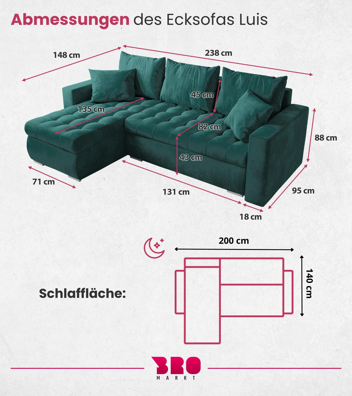 ECKSOFA Luis mit Schlaffunktion Grün Samt - Silberfarben/Grün, Kunststoff/Textil (148/238cm) - Bromarkt