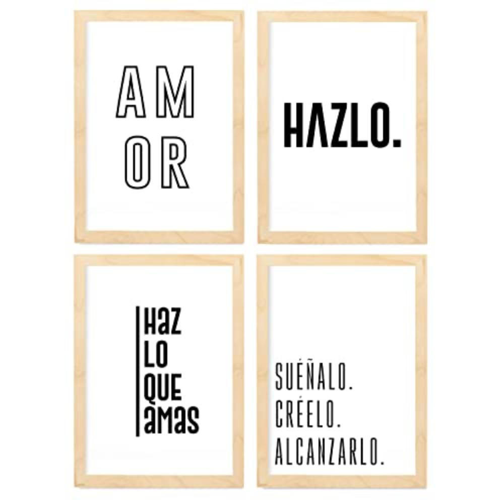 POSTER Set mit 4 Leidenschaft TypografieStil A4 Rahmen aus hellem Holz - Beige, Papier (29.7/3cm) - Nacnic