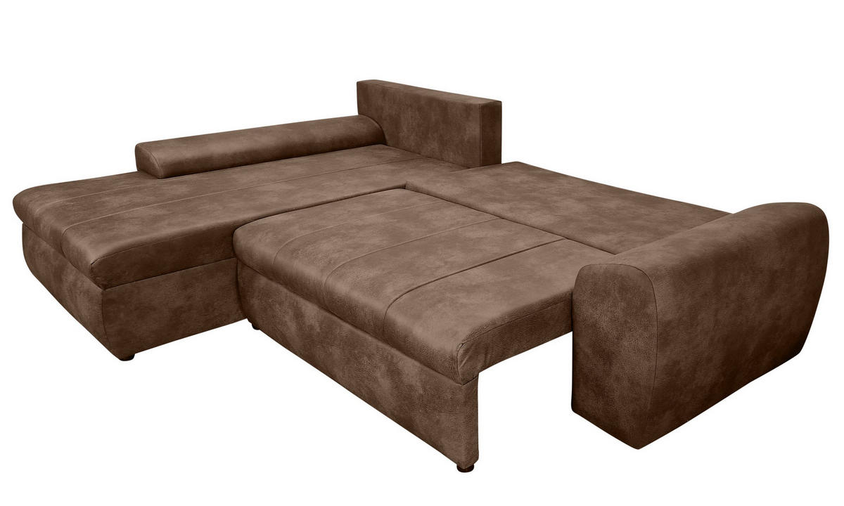 ECKSOFA mit Schlaffunktion, Bettkasten, Wellenunterfederung, Ottomane links B266/T186/H90 cm, Mikrofaser Leder-Optik Vintage Braun / 18014 - Schwarz/Braun, Kunststoff/Textil (266/186cm) - luma-home