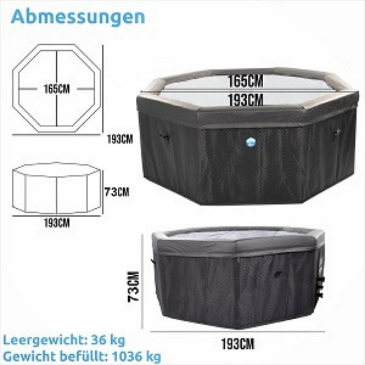 WHIRPOOL Spa Ø193 cm 5 Personen Beheizbar Schwarz Indoor Outdoor Halbstarr - Schwarz, Leder/Kunststoff (193/7/193cm) - Netspa