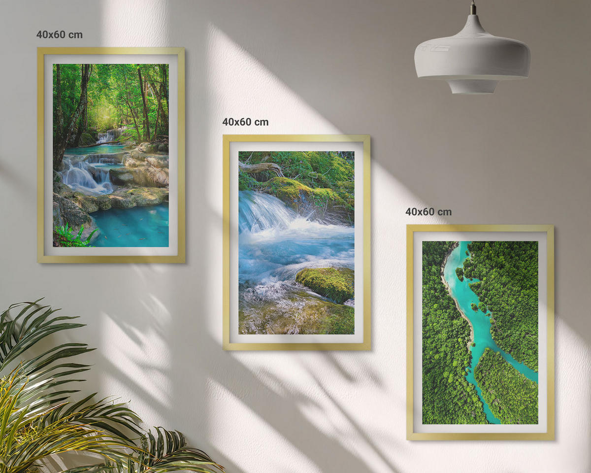 WANDBILDER 3er Set - 40x60 cm Goldrahmen - Grüne Wälder, kristallklares Wasser - Goldfarben, Kunststoff (40/60cm) - ArtPrintCave