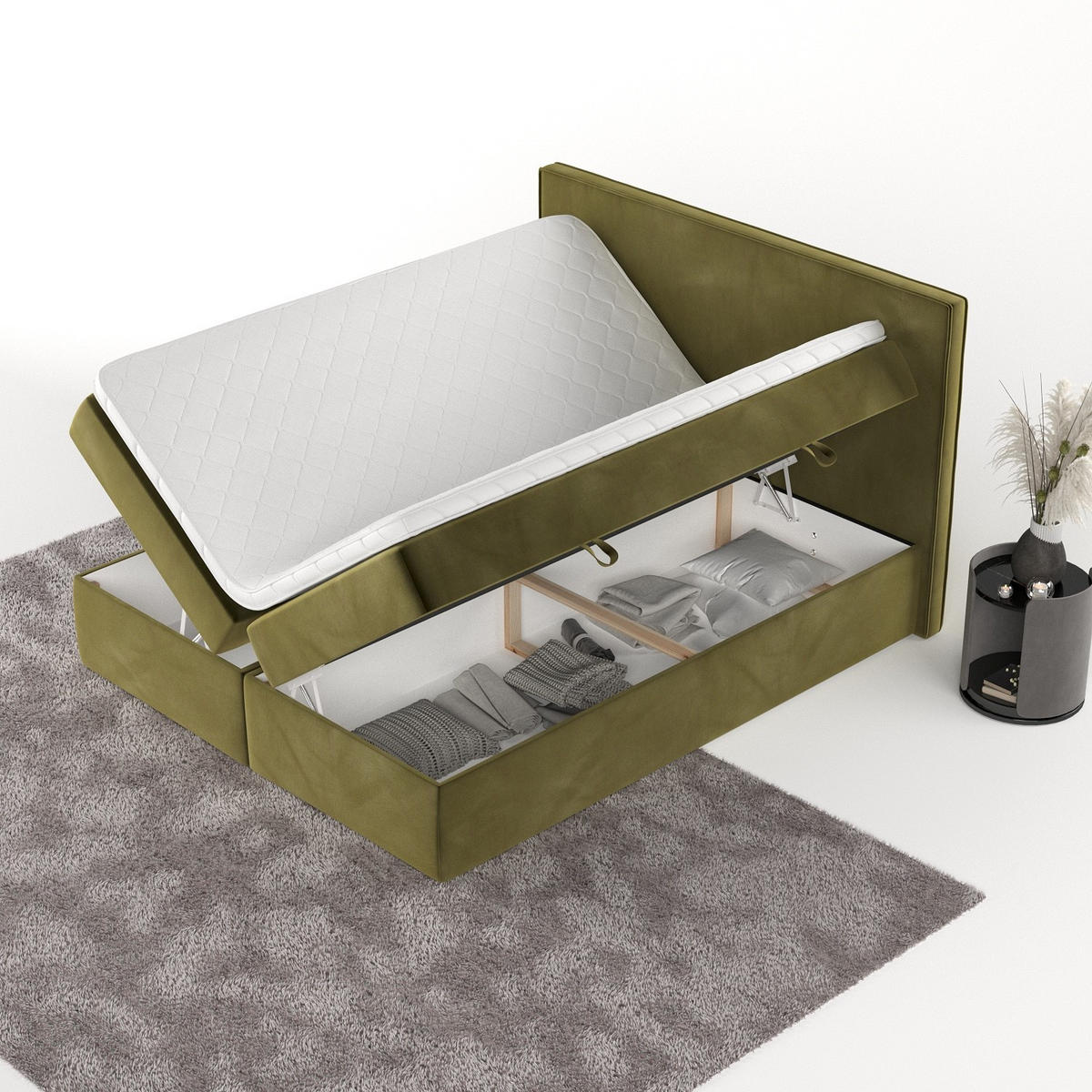 BOXBETT Nuvia 140/200 cm Olivgrün im Kronos Stoff - Schwarz/Olivgrün, Holz/Holzwerkstoff (140/200cm) - AltaBeds