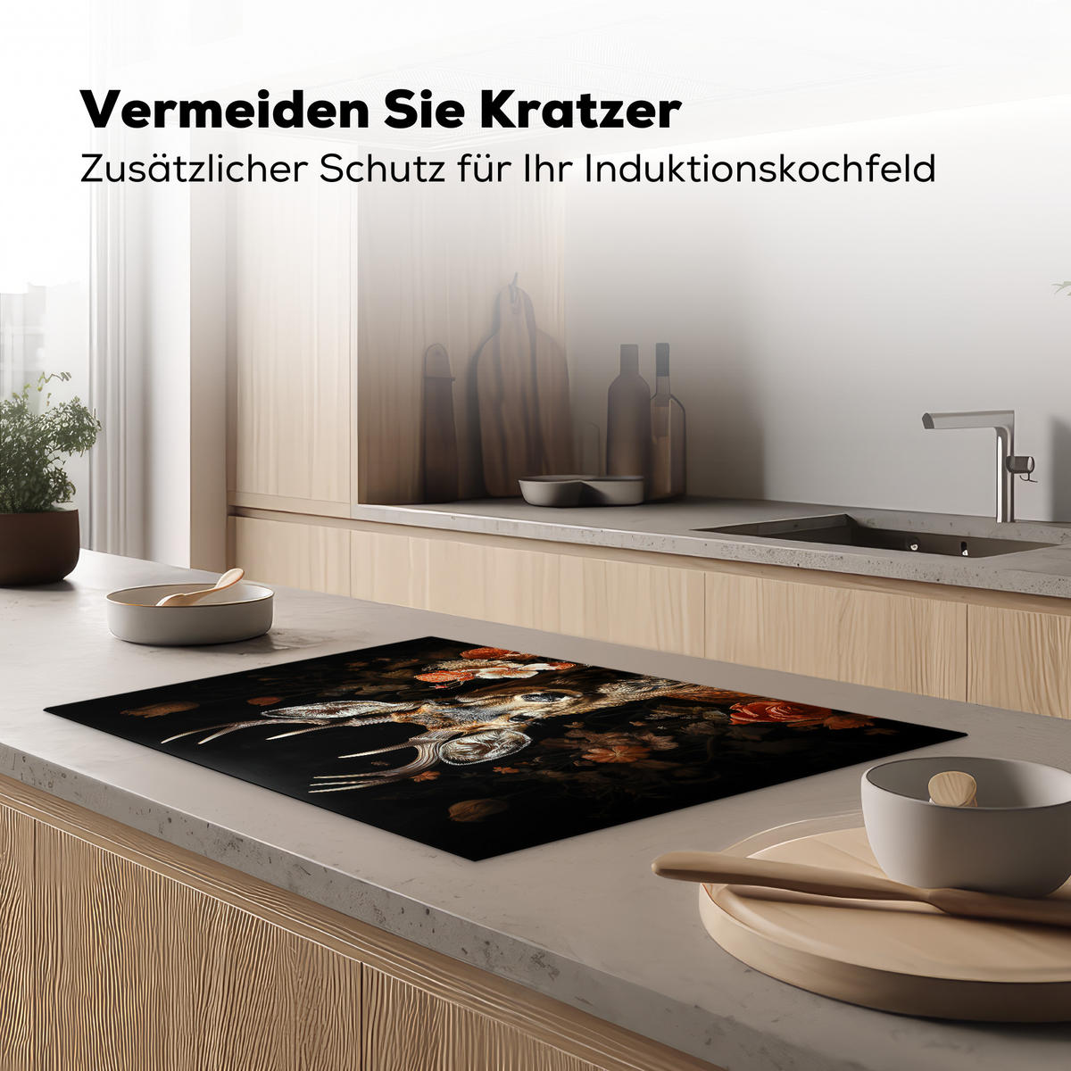 HERDABDECKPLATTE Hirsch - Tier - Blumen - Natur - Botanisch 77x51 cm - Kupferfarben, Kunststoff (77/51/0.2cm) - MuchoWow