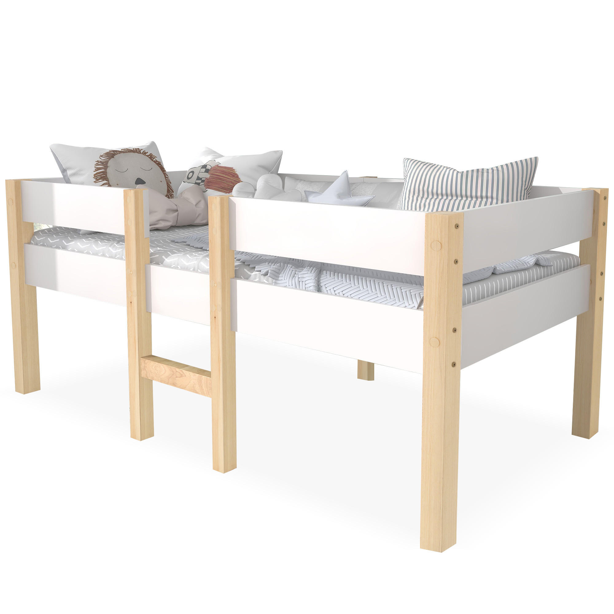 CHICFURN VYVÝŠENÁ POSTEL 90/200 cm v bílé barvě s ochranou proti pádu a žebříkem