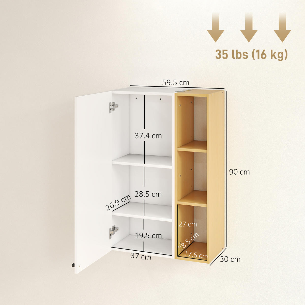 HÄNGESCHRANK Weiß, Holzfarbe 1 Stück - Weiß, Kunststoff (59.5/90/30cm) - GiPP