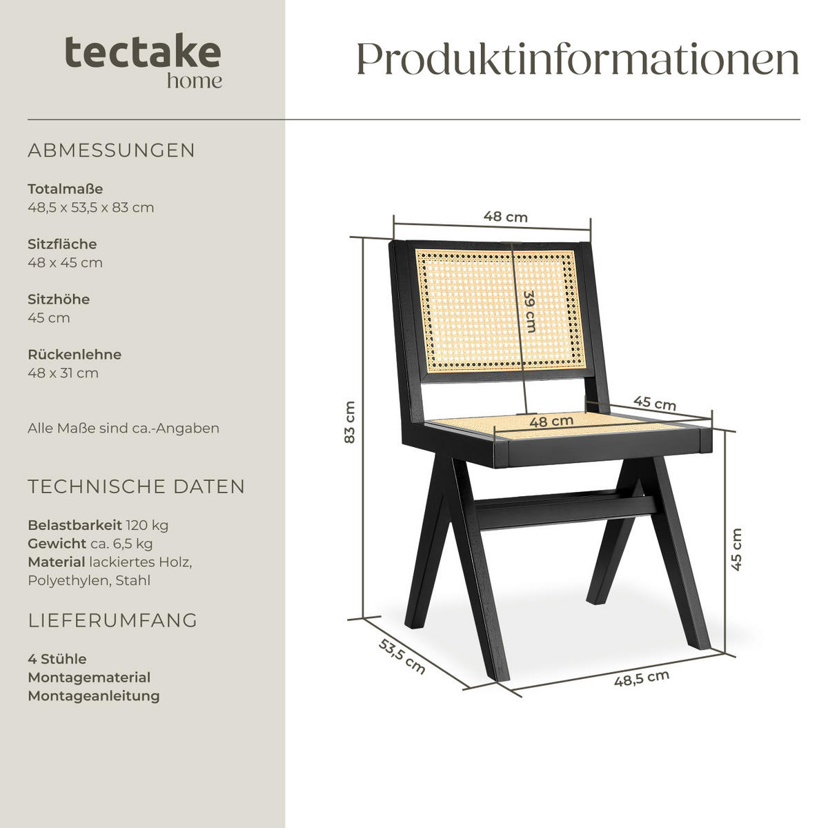 HOLZSTUHL 4er Set Lissy,48,5 x 53,5 x 83 cm, Belastbarkeit 120 kg,schwarz - Schwarz, Holz (48.5/83/53.5cm) - tectake