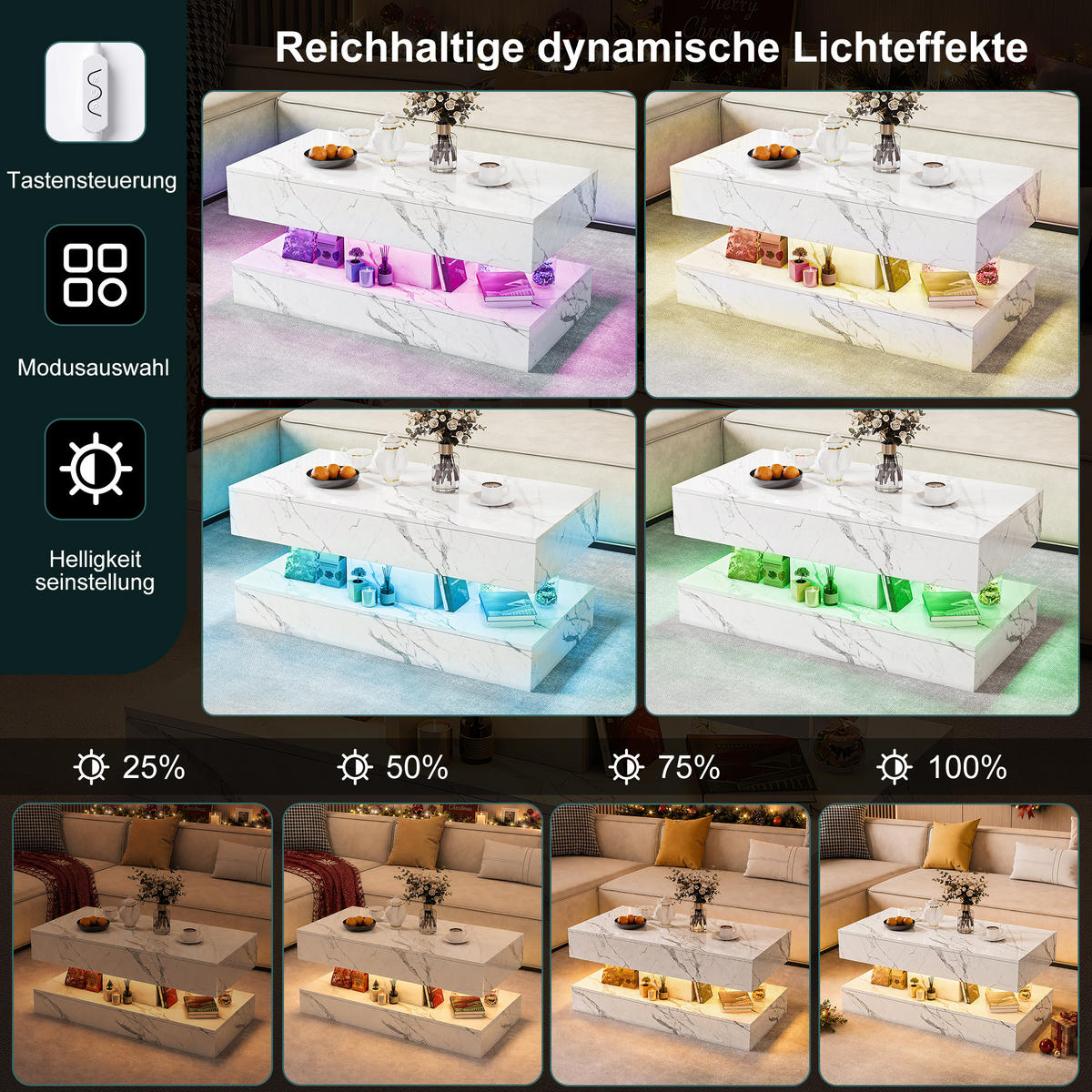 SOFFBORD med LED-belysning, förvaringsutrymme och marmorlook, vitt - Vit, Trä (100/50/45cm) - SHOPENTRA