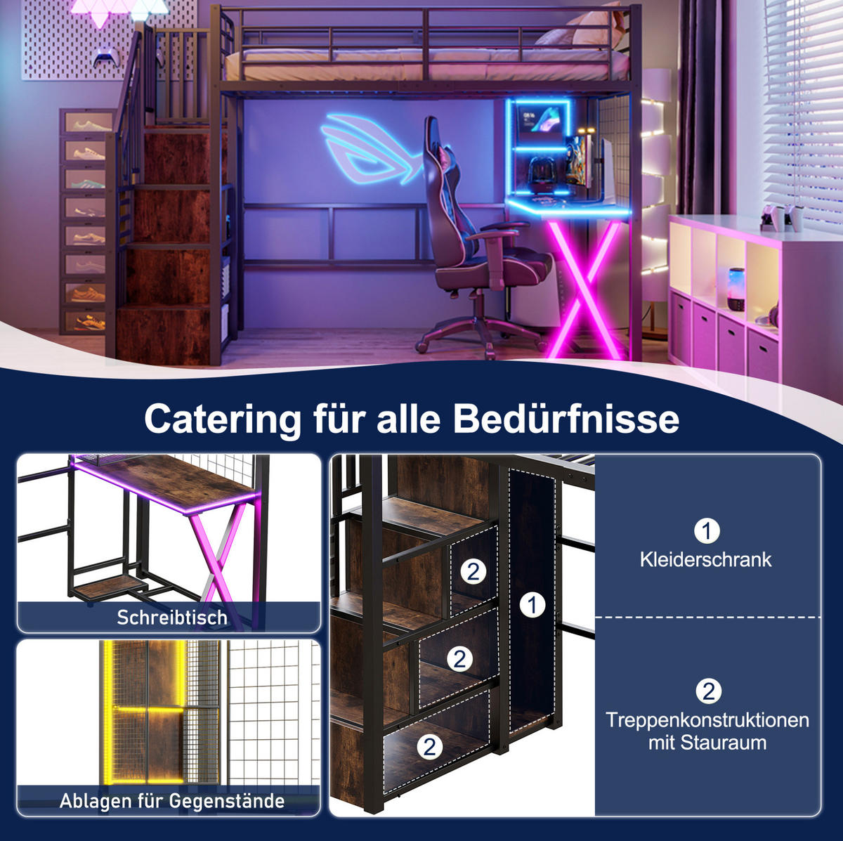 HOCHBETT 90/200 cm mit LED-Ambientelicht, Ablageleiter, Schreibtisch, Kleiderschrank und Regalen, Schwarz - Schwarz, Holzwerkstoff (90/200cm) - Redom