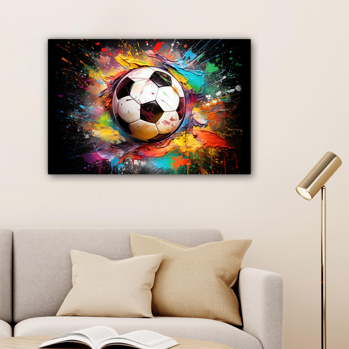 LEINWANDBILD Fußball - Farbe - Farben - Schwarz - Weiß Gemälde 60x40 cm - Weiß, Textil (60/40cm) - MuchoWow