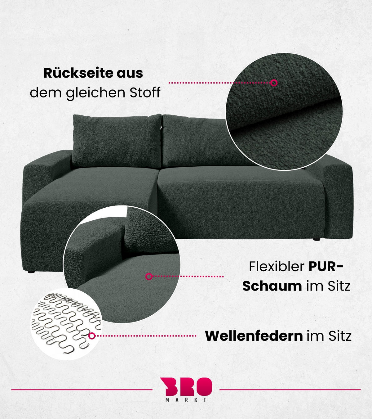 ECKSOFA PLUSH mit Schlaffunktion Dunkelgrün Boucle - Dunkelgrün, Textil (240/145cm) - Bromarkt