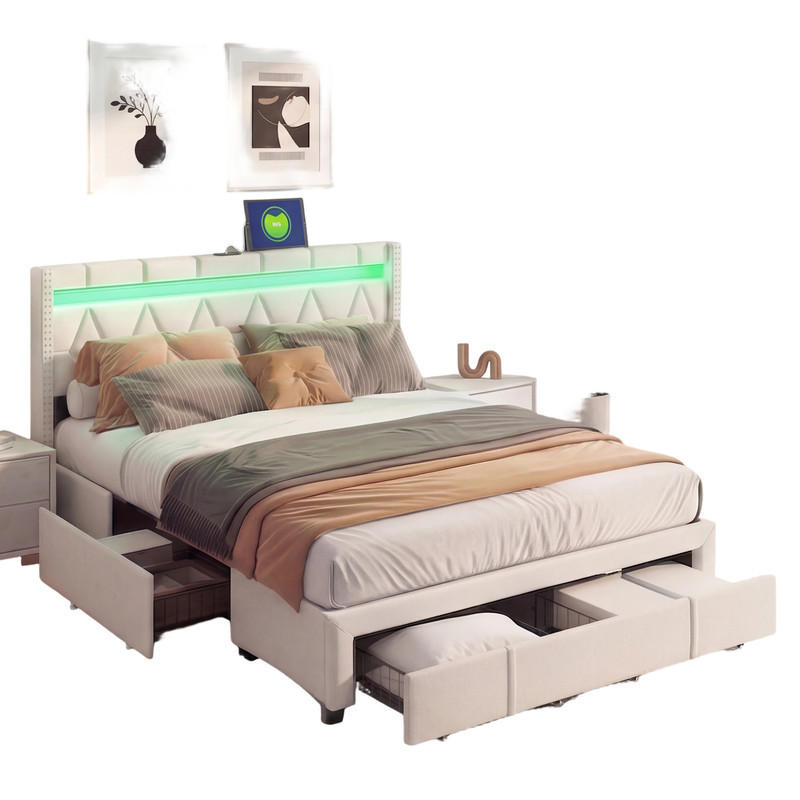POLSTERBETT 160/200 cm Beige mit Schubladen und USB-Anschlüssen - Beige, Holz (160/200cm) - SHOPENTRA