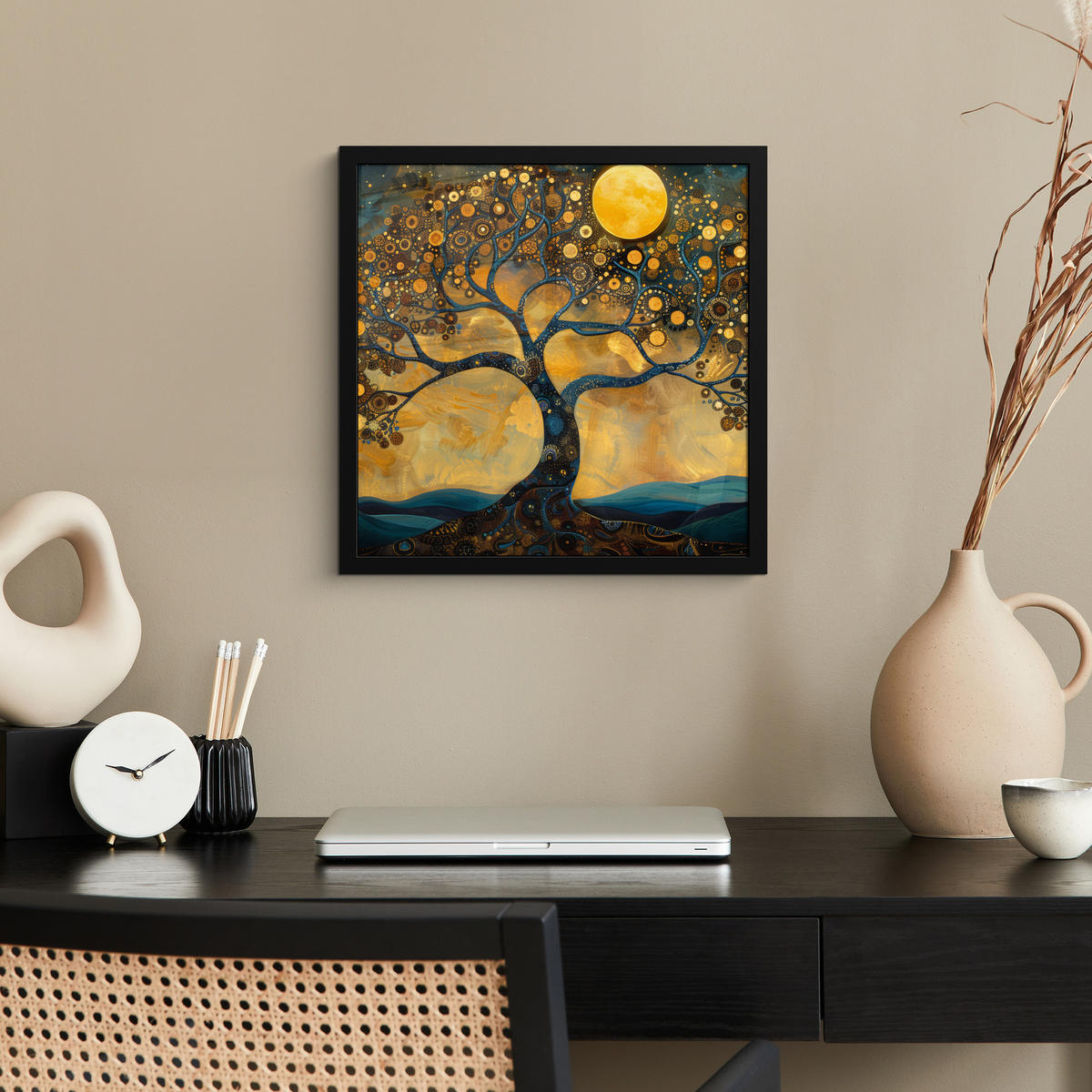 POSTER MIT RAHMENGERAHMTES BILD Baum - Mond - Blumen - Gold - Kunst 40x40 cm - Orange, Papier (40/40cm) - MuchoWow