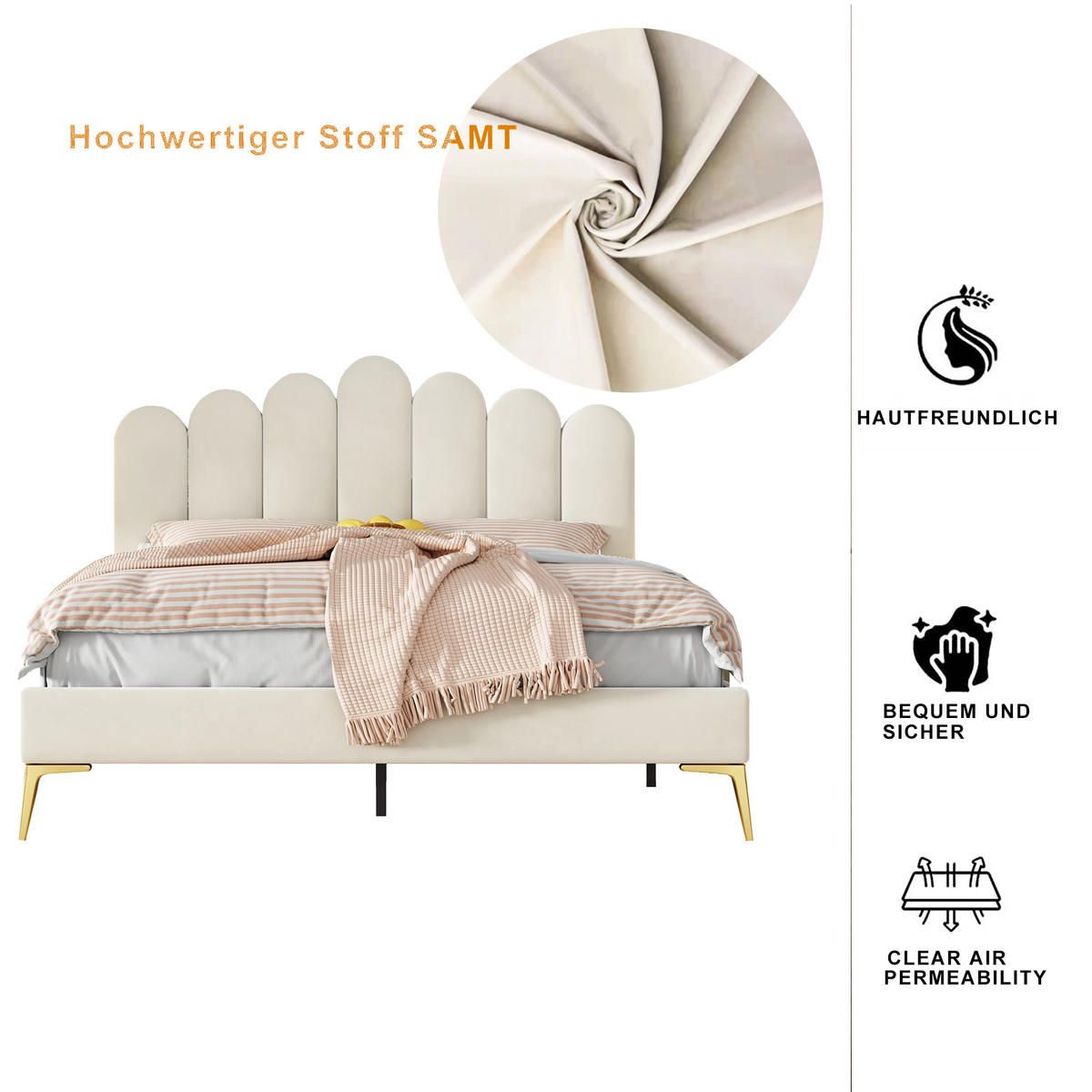 POLSTERBETT 140x200 cm Lattenrost Samt beige - Beige, Holz (140/200cm) - LEBENLANG