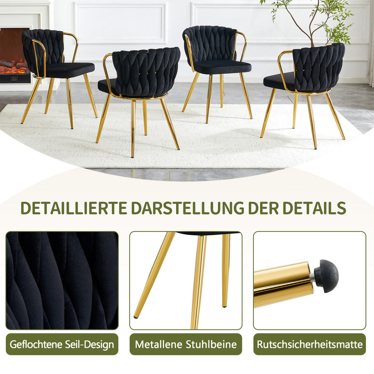 ESSZIMMERSTUHL mit Samtbezug und Goldbeinen 43 x 58 x 76 cm Schwarz - Schwarz, Metall (58/76/43cm) - Meubliv